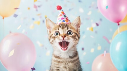 Happy Birthday, Kitty! A playful kitten wearing a festive party hat with a joyful expression, surrounded by colorful balloons and confetti.  