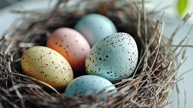 Delicate pastel egg movement in straw nest highlights easter spring theme