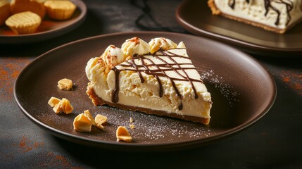 A Exquisite Slice of Ice Cream Pie with Chocolate Drizzle, a Perfect Sweet Treat