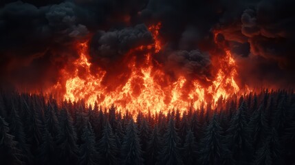 Fototapeta premium Intense Forest Fire with Flames and Smoke Against Dark Sky