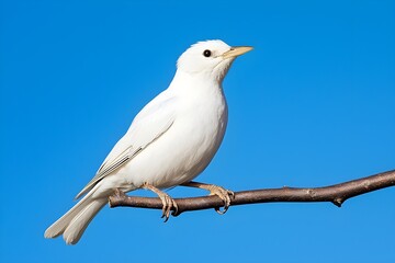 Obraz premium A white bird perched on a branch against a clear blue sky, showcasing its vibrant plumage and serene surroundings.