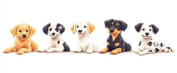 Obraz premium A row of dogs, including a golden retriever, border collie, German shepherd, and Dalmatian The dogs are depicted as cute, happy, and detailed, with flat colors in a cartoon style Generative AI