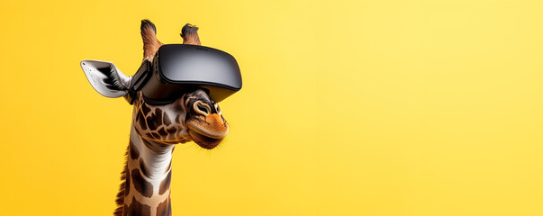 Giraffe wearing digital VR headset on head against vibrant yellow background with copy space, funny greeting card, playing games. Free time activity concept.