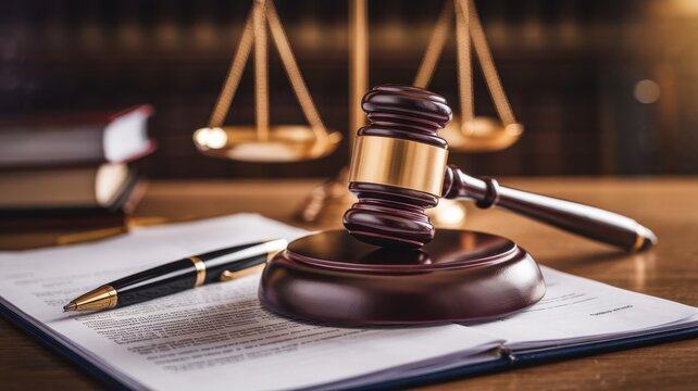 A close-up of a wooden gavel and scales of justice, symbolizing the legal profession, surrounded by legal documents and a pen.