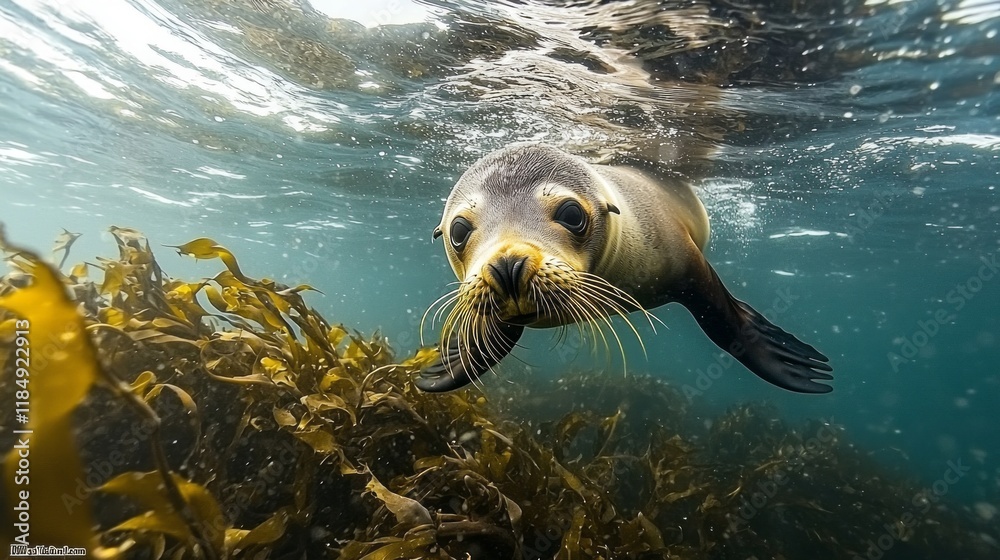 Poster a curious sea lion showcases its playful spirit as it dives through swaying kelp under the crystalli