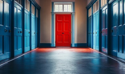One Red Door Among Many Blue Doors in a Hallway