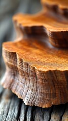 Close-up of a tiered wooden coaster, showcasing natural wood grain patterns and textures.