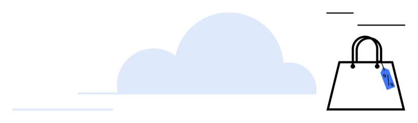 Shopping bag with price tag beside cloud, suggesting online shopping and digital retail. Ideal for e-commerce, online shopping, digital marketing, cloud services, internet sales, retail business