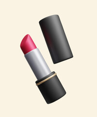 3D lipstick makeup cosmetic vector illustration. Cartoon style 3D beauty product: red lipstick black packaging design. Fashion beauty skincare cosmetic advertising vector render.