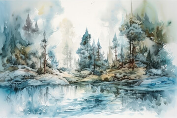 a picturesque forest scene by a pond, done in watercolor style. 
