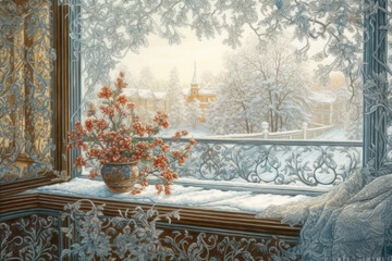An exquisite winter scene seen from the window of an old house 