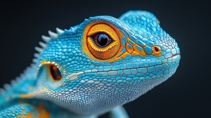 Fototapeta premium Close-up of a vibrant blue lizard with orange eyes, detailed scales, and a focused gaze against a dark background.