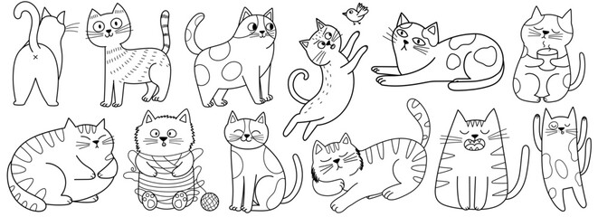 Funny cats black and white set for coloring book. Cute feline characters in different poses coloring page. Outline doodle animals collection in cartoon style. Vector illustration