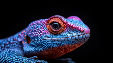 Fototapeta premium Close-up of a vibrant colorful lizard with intricate scales, showing detailed patterns of blue, pink, and orange hues against a dark background.