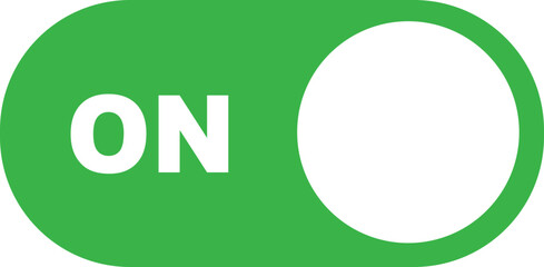 On toggle switch button flat icon. Switch button ON isolated on transparent background. Power on and slider switch icon. Modern web and mobile app switch button interface element. Green, white button.