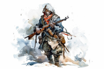 a soldier dressed in winter uniform, holding a rifle.  