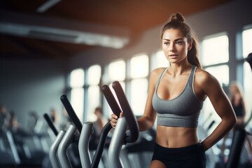 Determined sportswoman exercising on elliptical cross trainer in modern fitness center