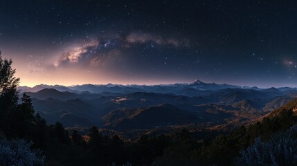 Naklejka premium Stunning night landscape showcasing a sprawling mountain range under a starry Milky Way sky.