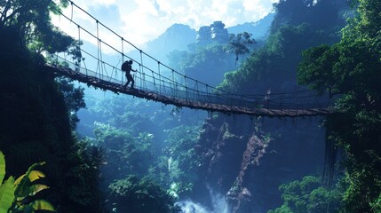 Fototapeta premium Adventurers Cross A Precarious Jungle Bridge
