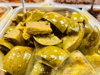 Closeup Mango Picklel. Homemade Mango Pickle or aam ka achar Kairi Loncha with Ingredients. Spicy...