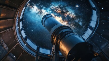 A majestic telescope gazing at the vibrant galaxy through a dome, showcasing the beauty of the universe.