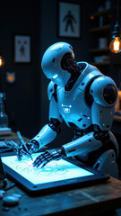Fototapeta premium Robotic hand sketching intricate designs on illuminated tablet.