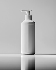 Minimalist white pump bottle with a sleek design, placed against a soft gray backdrop.