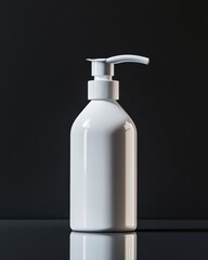 Minimalist white pump bottle on a reflective surface against a dark backdrop, showcasing elegance and simplicity.