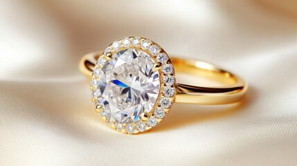 Elegant oval diamond ring with round diamond halo set on a polished surface showcasing timeless beauty and luxury