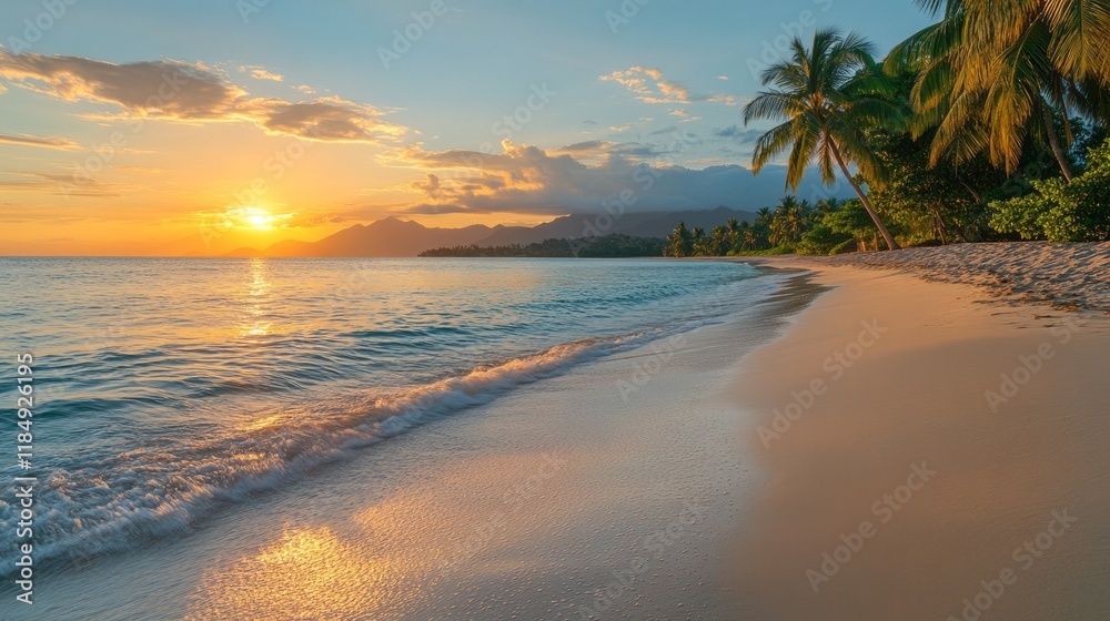 Aufkleber soft golden light bathes the tranquil beach as the sun sets on the horizon, creating shimmering refl