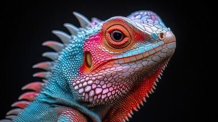 Fototapeta premium Close-up of a vibrant multicolored lizard with intricate scales, vibrant colors, and detailed textures against a dark background.