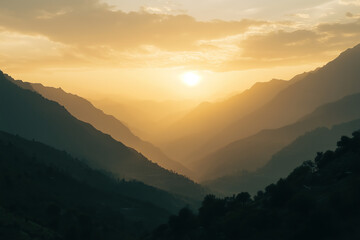 Sunset behind the beautiful mountains. Nature landscape discovery and travel adventure concept.