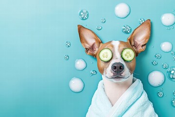 Pampered dog enjoying a luxurious day spa experience with bubbles and cucumbers over its eyes