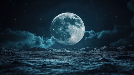 Fototapeta premium A stunning full moon illuminates the lunar landscape in a serene night sky with scattered stars.