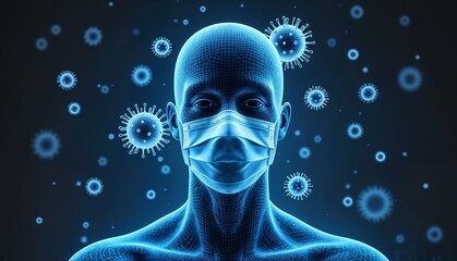 Digital human figure wearing a mask surrounded by virus icons