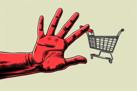Red hand stopping shopping cart, refusing to buy, concept of consumerism, shopping addiction, boycott and frugality