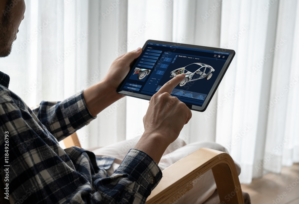 Poster electric car design software on computer screen showing simulation blueprint snugly by digital calcu