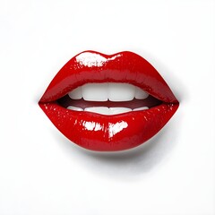 Fototapeta premium Glossy red lips with a bright white smile against a plain background, showcasing a bold and vibrant beauty aesthetic.