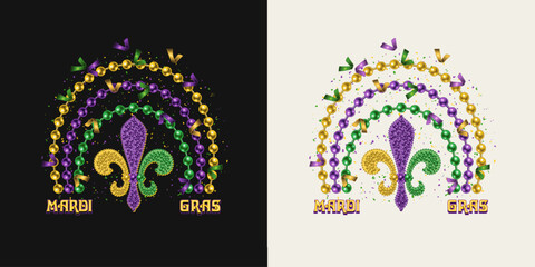 Rainbow made with bead strings, Fleur de Lis sign, flying confetti. Design element, composition with text for Mardi Gras decoration.