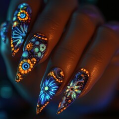 Fototapeta premium A photograph of stiletto nails with intricate UV-reactive floral and geometric patterns glowing under black light, creating a bold and artistic look