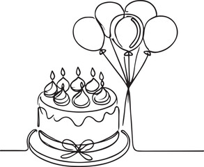 Sweet Party Design. Line Drawing of Cake and Balloons Vector