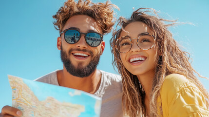 Summer bank holiday adventure: close-up of joyful couple with map and smiling faces