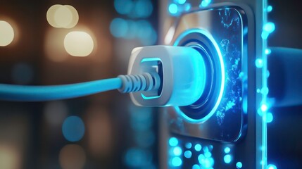 Close-up of a power cable plugged into a futuristic electrical outlet, glowing with blue energy.