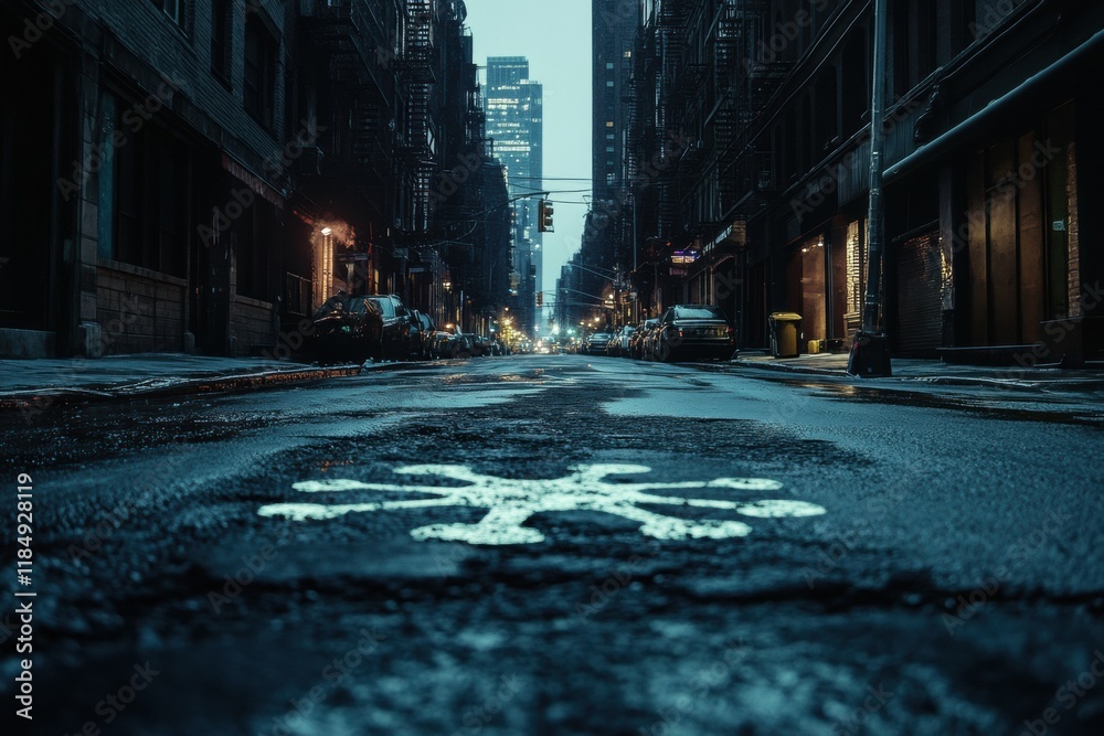 Poster empty urban street displaying a symbolic virus motif under dim city lights at dusk. generative ai