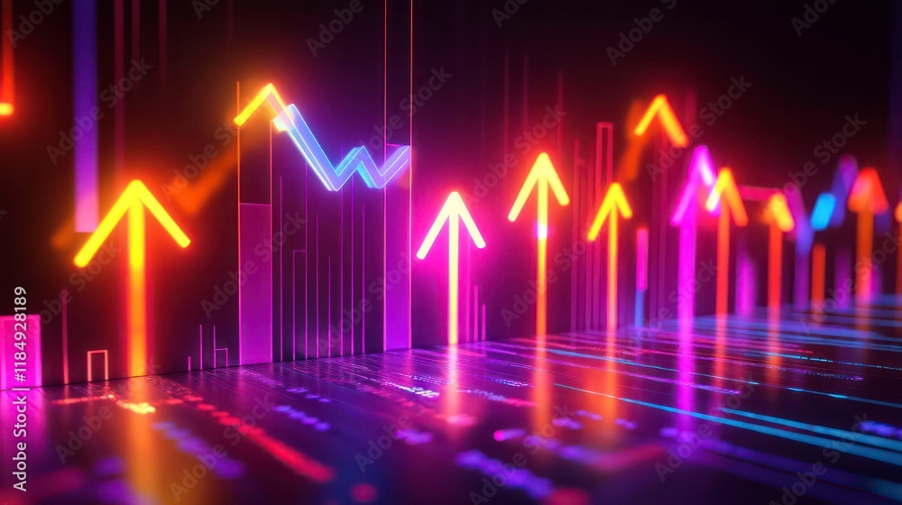 Poster neon arrows ascend in a vibrant, futuristic data visualization, symbolizing growth and success.