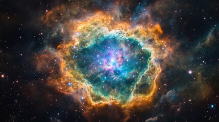 Obraz premium Stunning view of a colorful nebula showcasing vibrant blue, orange, and yellow hues in the cosmos.