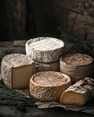An assortment of artisanal cheese displayed on rustic wooden boards, surrounded by greenery.