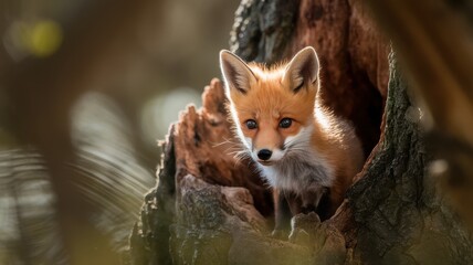 Obraz premium A curious young fox peeks out of a tree hollow, its vibrant orange fur contrasting with the earthy bark, showcasing its playful and inquisitive nature.
