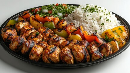 Fototapeta premium A platter of juicy grilled kebabs with tender chunks of chicken, bell peppers, and onions, served with a side of rice.