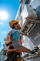 A construction worker is seen mounting an air conditioning unit on the exterior wall of a building. The sun shines brightly, casting a warm glow on the scene as he focuses on the task at hand